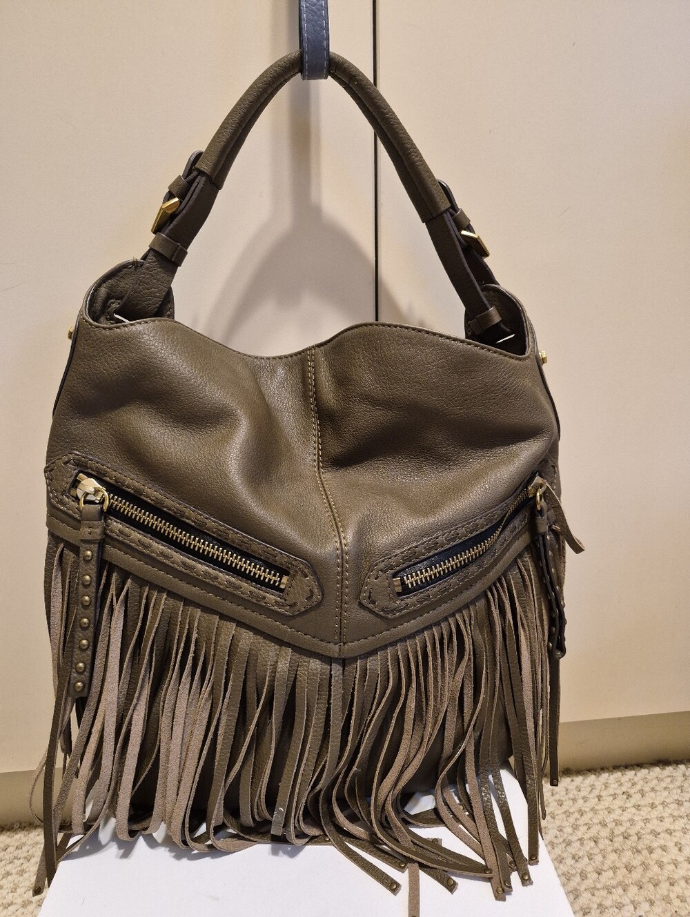 New orYANY "Bristol" Olive Brown Leather Fringe/Stud Hobo Shoulder Bag Ret. $325